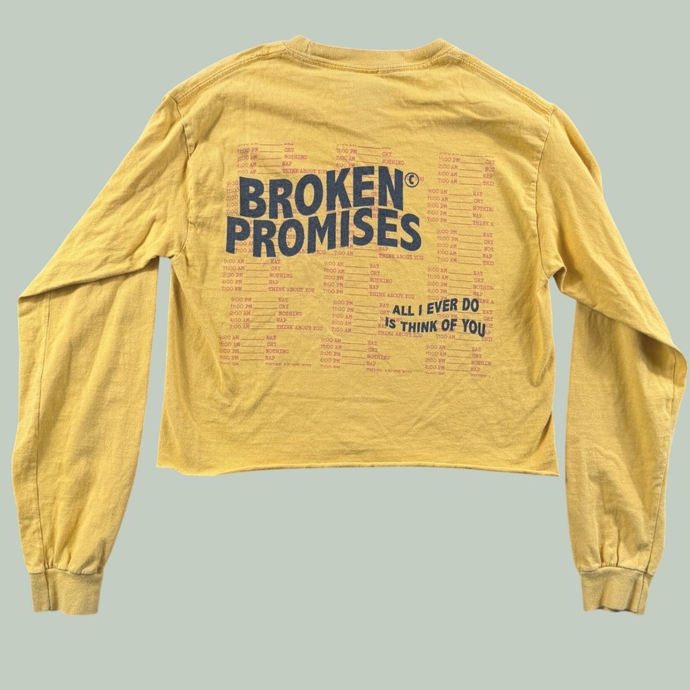Broken Promises Crop Top Women S Yellow Graphic Long Sleeve Raw Hem Emo Skater